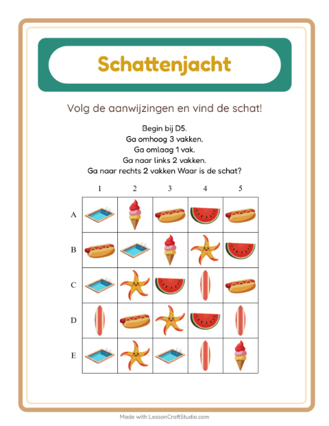Voorbeeld van het Schatzoektocht-werkblad met Zomer voor groep 3