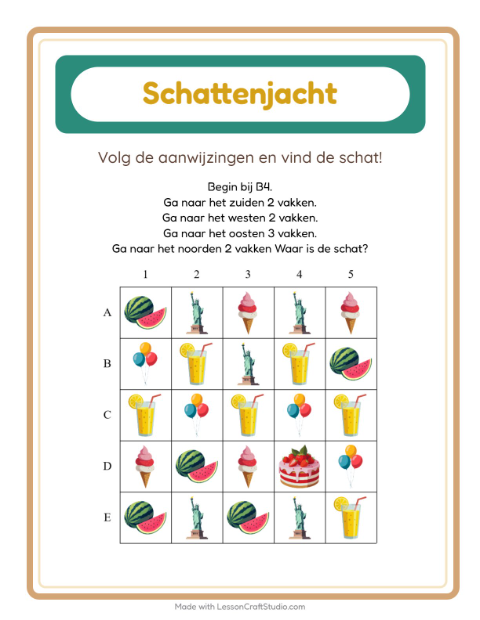 Voorbeeld van het Schatzoektocht-werkblad met 4 juli voor groep 3