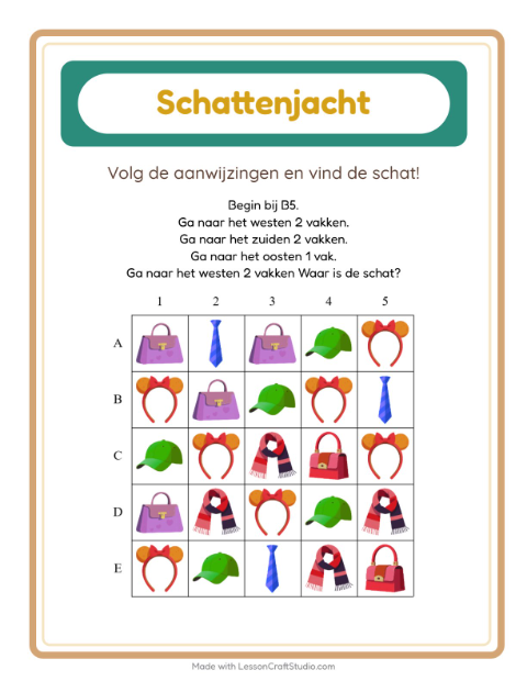 Voorbeeld van het Schatzoektocht-werkblad met Accessoires voor groep 3