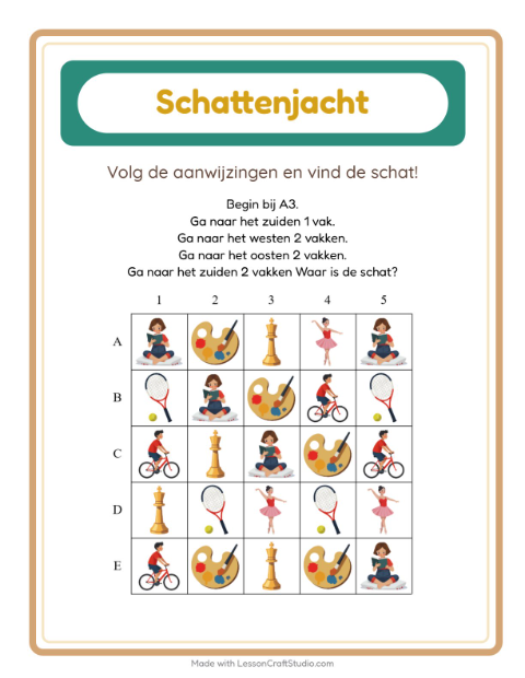 Voorbeeld van het Schatzoektocht-werkblad met Activiteiten voor groep 3