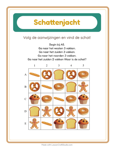 Voorbeeld van het Schatzoektocht-werkblad met Bakkerij voor groep 3