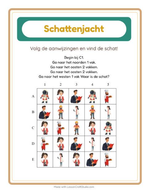 Voorbeeld van het Schatzoektocht-werkblad met Beroepen voor groep 3