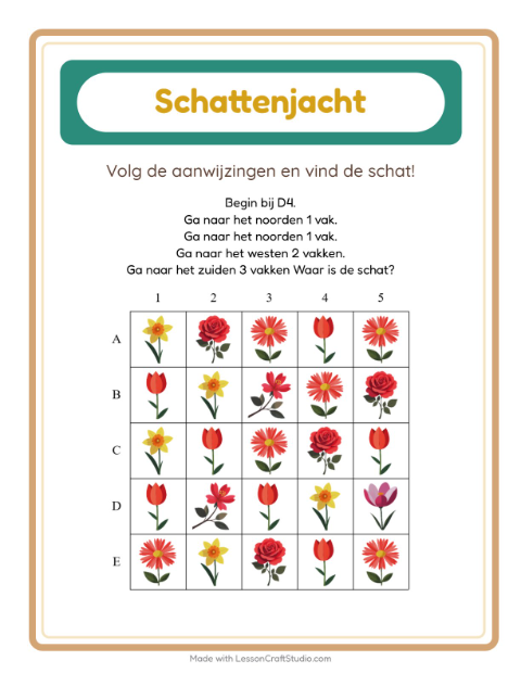 Voorbeeld van het Schatzoektocht-werkblad met Bloemen voor groep 3