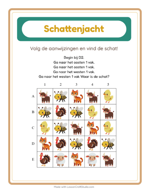 Voorbeeld van het Schatzoektocht-werkblad met Boerderijdieren voor groep 3