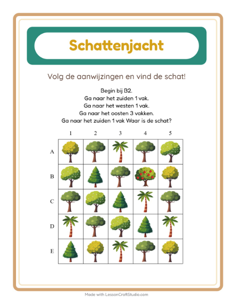 Voorbeeld van het Schatzoektocht-werkblad met Bomen voor groep 3