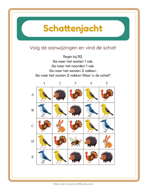 Voorbeeld van het Schatzoektocht-werkblad met Boswezens voor groep 3