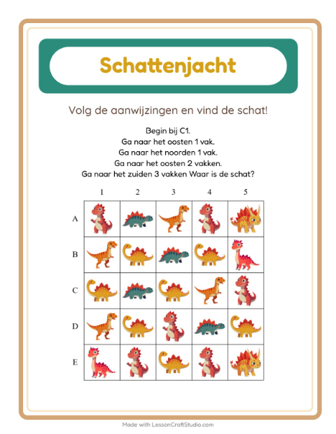 Voorbeeld van het Schatzoektocht-werkblad met Dinosaurussen voor groep 3