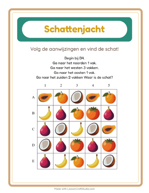 Voorbeeld van het Schatzoektocht-werkblad met Fruit voor groep 3