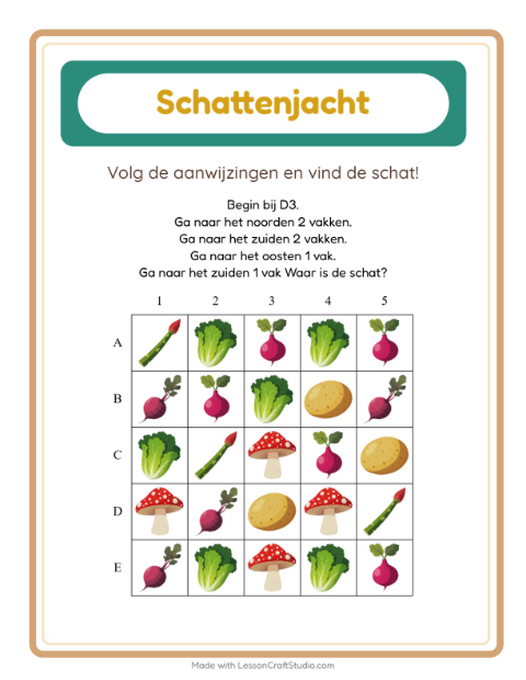 Voorbeeld van het Schatzoektocht-werkblad met Groenten voor groep 3