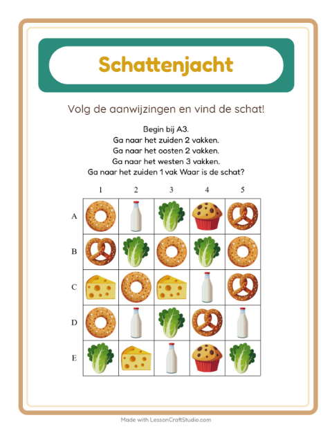 Voorbeeld van het Schatzoektocht-werkblad met In de supermarkt voor groep 3