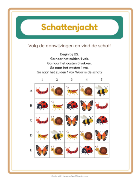 Voorbeeld van het Schatzoektocht-werkblad met Insecten en beestjes voor groep 3