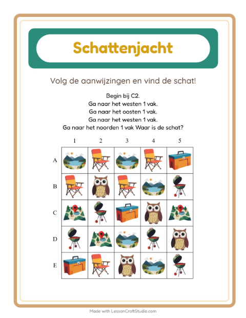 Voorbeeld van het Schatzoektocht-werkblad met Kamperen voor groep 3