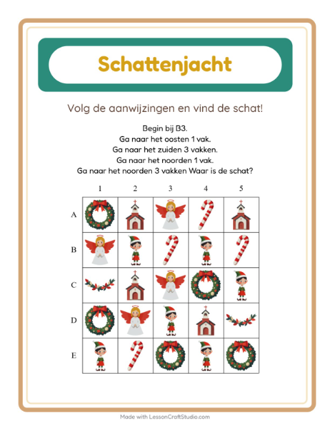 Voorbeeld van het Schatzoektocht-werkblad met Kerstmis voor groep 3