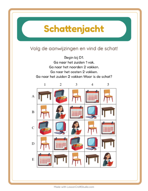 Voorbeeld van het Schatzoektocht-werkblad met Klaslokaal voor groep 3