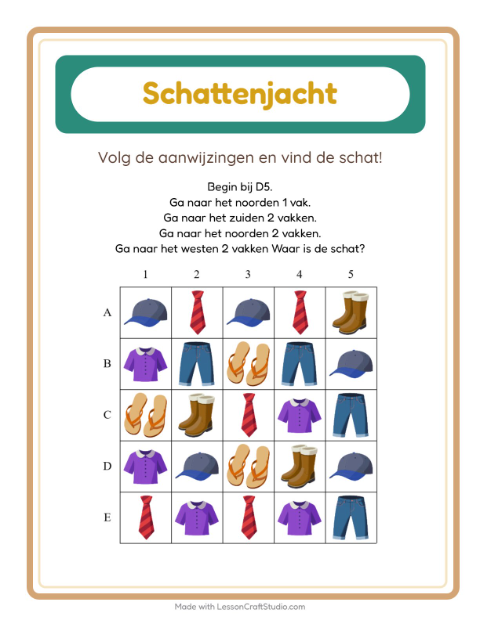 Voorbeeld van het Schatzoektocht-werkblad met Kleding voor groep 3
