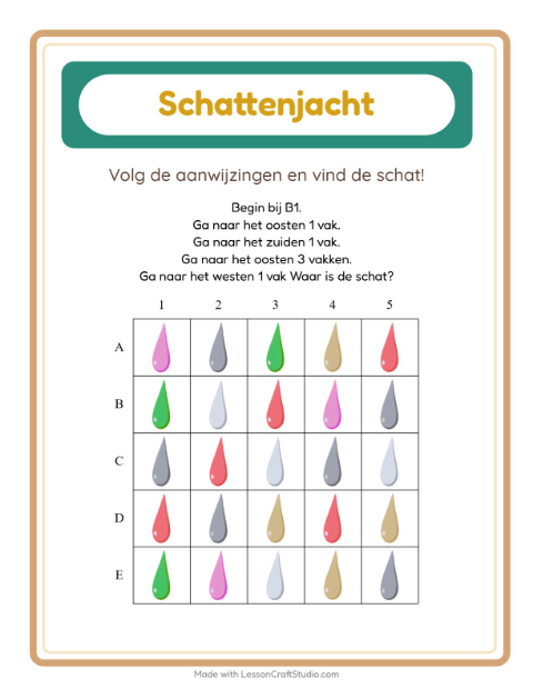 Voorbeeld van het Schatzoektocht-werkblad met Kleuren voor groep 3