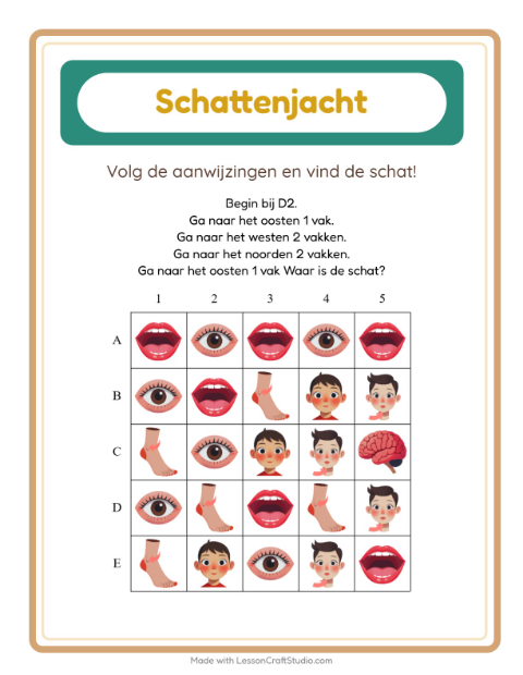Voorbeeld van het Schatzoektocht-werkblad met Lichaamsdelen voor groep 3