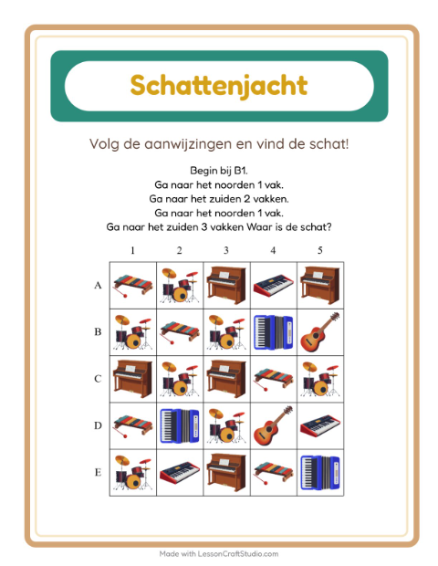 Voorbeeld van het Schatzoektocht-werkblad met Muziek voor groep 3