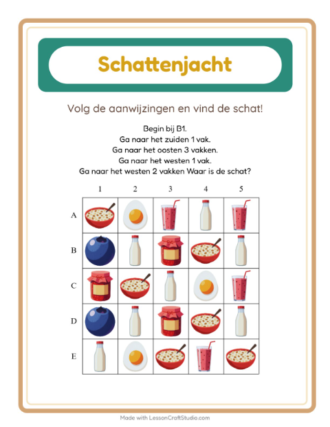 Voorbeeld van het Schatzoektocht-werkblad met Ontbijt voor groep 3