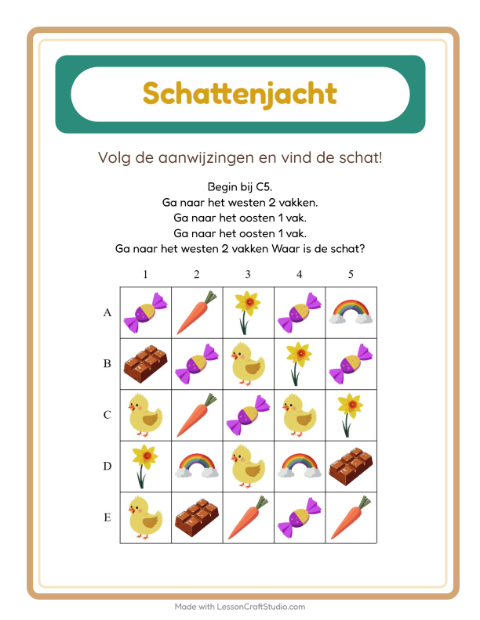 Voorbeeld van het Schatzoektocht-werkblad met Pasen voor groep 3