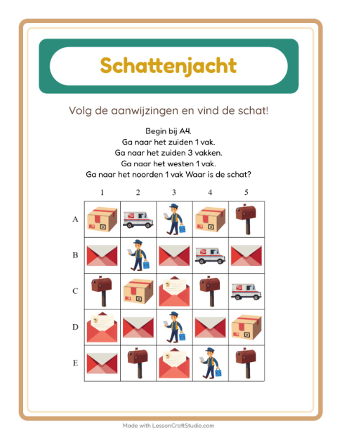 Voorbeeld van het Schatzoektocht-werkblad met Postkantoor voor groep 3