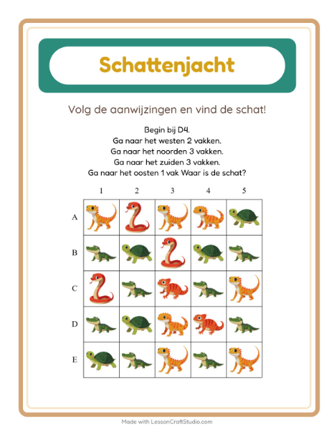 Voorbeeld van het Schatzoektocht-werkblad met Reptielen en amfibieën voor groep 3