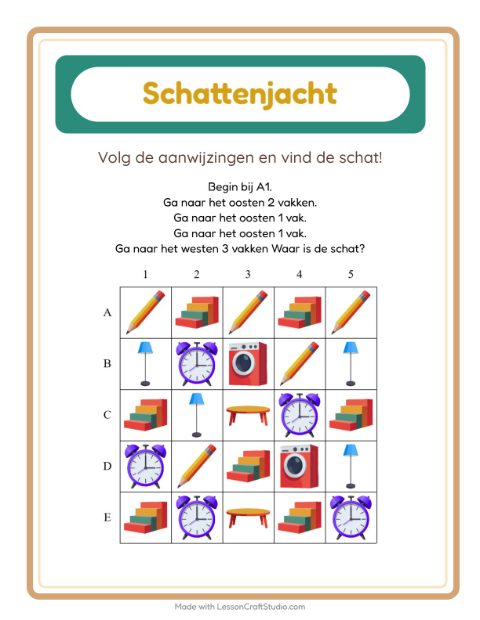 Voorbeeld van het Schatzoektocht-werkblad met Rond het huis voor groep 3