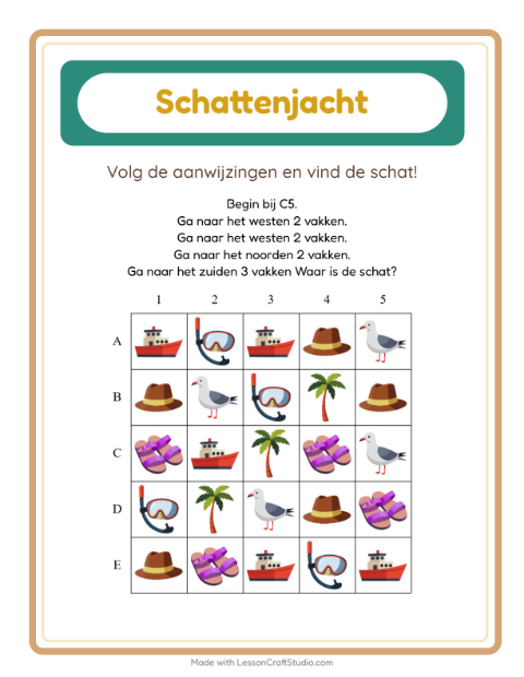 Voorbeeld van het Schatzoektocht-werkblad met Strand voor groep 3