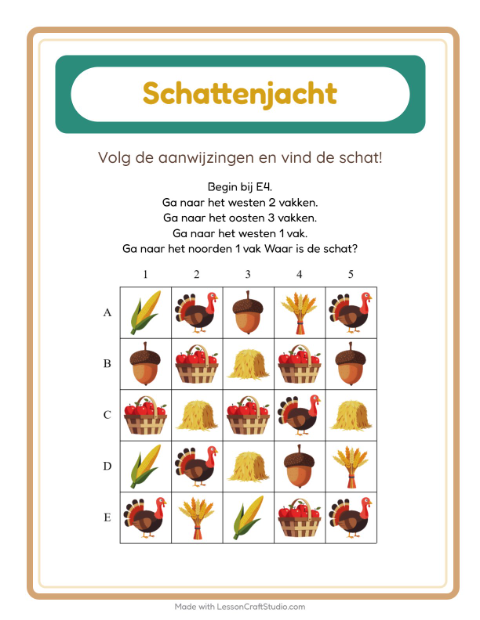 Voorbeeld van het Schatzoektocht-werkblad met Thanksgiving voor groep 3
