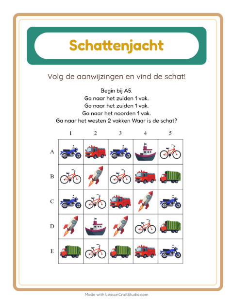Voorbeeld van het Schatzoektocht-werkblad met Voertuigen voor groep 3