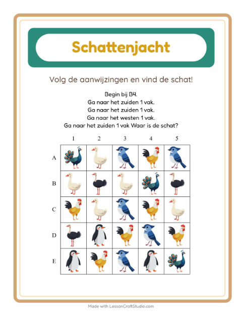 Voorbeeld van het Schatzoektocht-werkblad met Vogels 2 voor groep 3