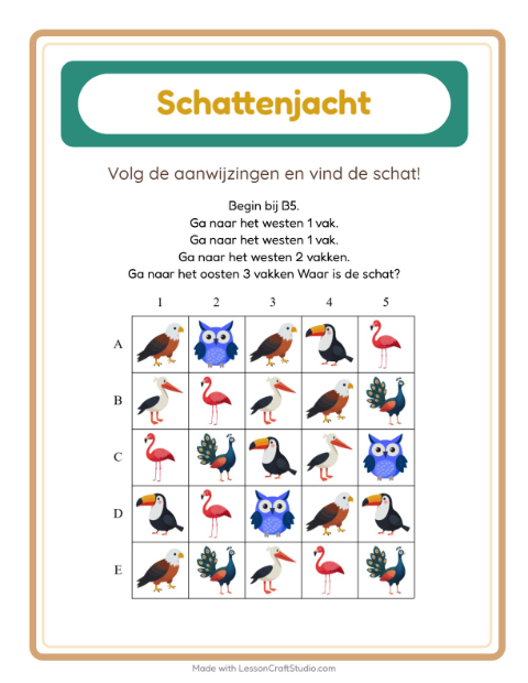 Voorbeeld van het Schatzoektocht-werkblad met Vogels voor groep 3