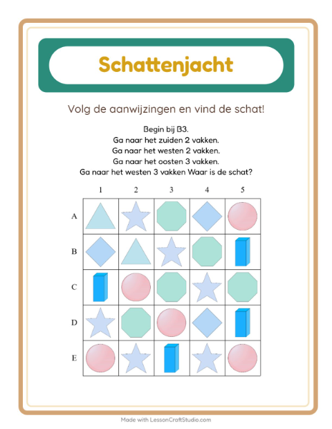 Voorbeeld van het Schatzoektocht-werkblad met Vormen voor groep 3
