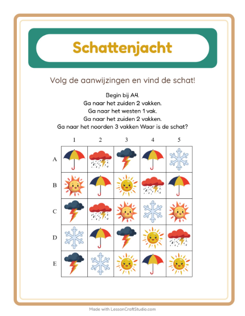 Voorbeeld van het Schatzoektocht-werkblad met Weer voor groep 3