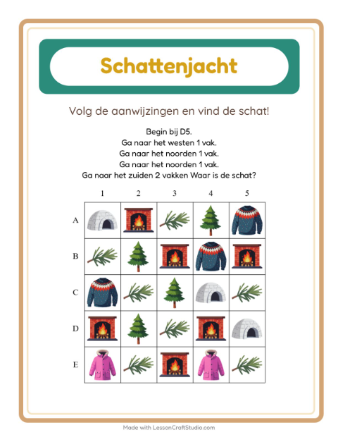 Voorbeeld van het Schatzoektocht-werkblad met Winter voor groep 3