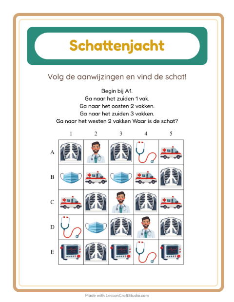 Voorbeeld van het Schatzoektocht-werkblad met Ziekenhuis voor groep 3