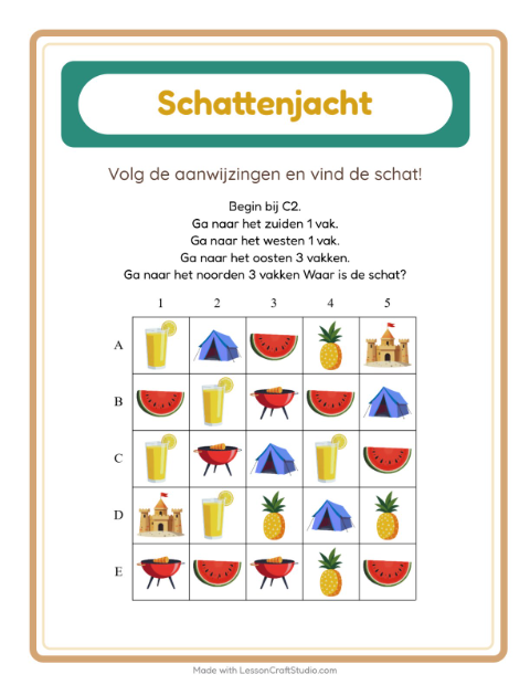 Voorbeeld van het Schatzoektocht-werkblad met Zomer voor groep 3