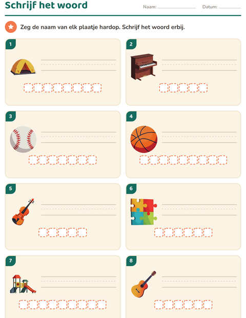 Voorbeeld van het Schrijf het woord-werkblad met Activiteiten voor groep 3