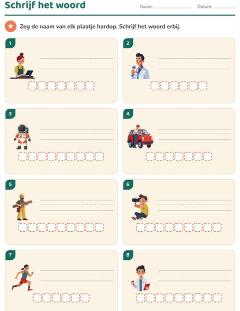 Voorbeeld van het Schrijf het woord-werkblad met Beroepen voor groep 3