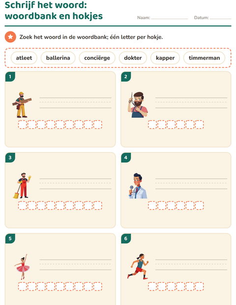 Voorbeeld van het Schrijf het woord-werkblad met Beroepen voor groep 3