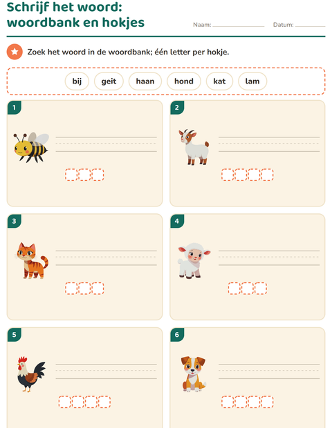 Voorbeeld van het Schrijf het woord-werkblad met Boerderijdieren voor groep 3