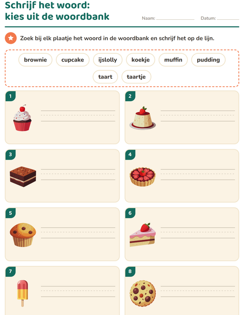 Voorbeeld van het Schrijf het woord-werkblad met Desserts en snoep voor groep 3