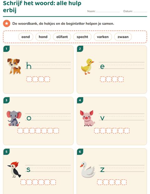 Schrijf het woord met alle hulp: bank, hokjes en beginletter