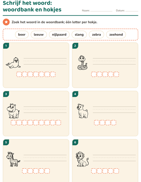 Voorbeeld van het Schrijf het woord-werkblad met Dierentuindieren ZW voor groep 3