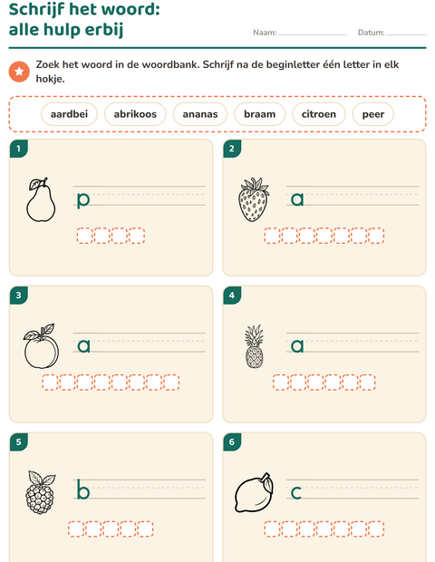 Voorbeeld van het Schrijf het woord-werkblad met Fruit ZW voor groep 3