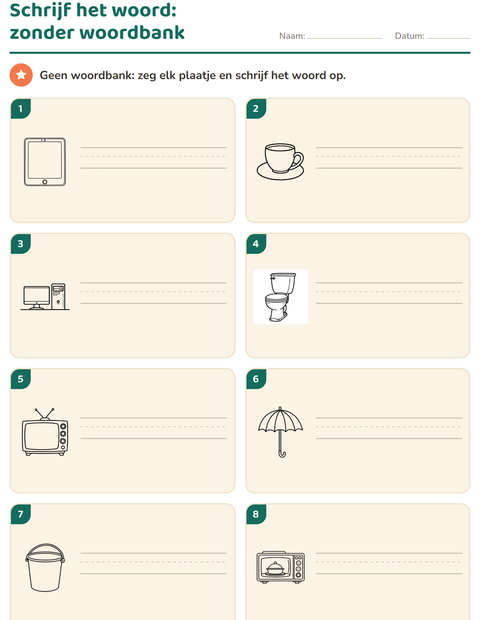 Voorbeeld van het Schrijf het woord-werkblad met Huishouden ZW voor groep 3