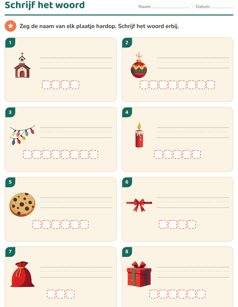Voorbeeld van het Schrijf het woord-werkblad met Kerstmis voor groep 3