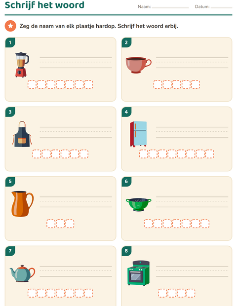 Voorbeeld van het Schrijf het woord-werkblad met Keukengerei voor groep 3