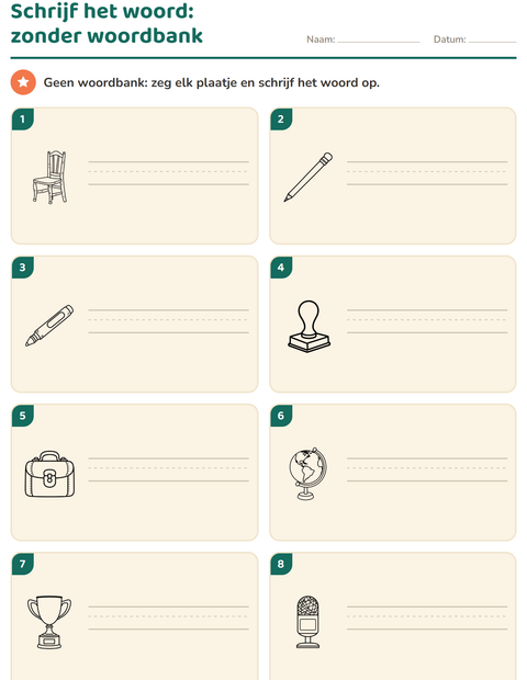 Voorbeeld van het Schrijf het woord-werkblad met Klaslokaal (Z/W) voor groep 3