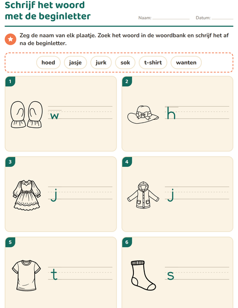 Voorbeeld van het Schrijf het woord-werkblad met Kleding ZW voor groep 3